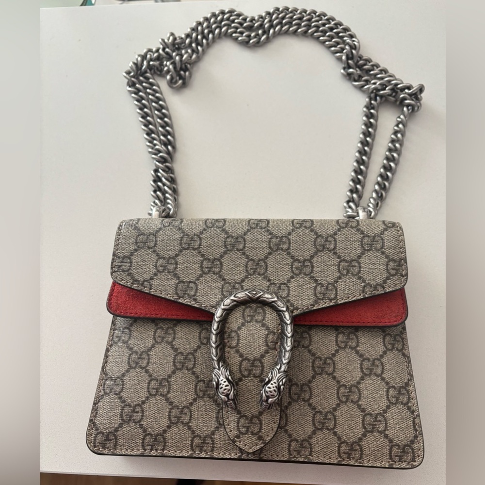 Gucci Mini Dionysus Monogram Shoulder Crossbody Bag with Red Suede Accents
